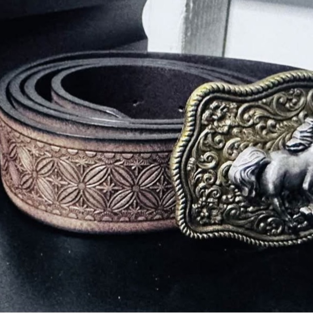 Brown Embossed Leather Belt with Ornate Buckle